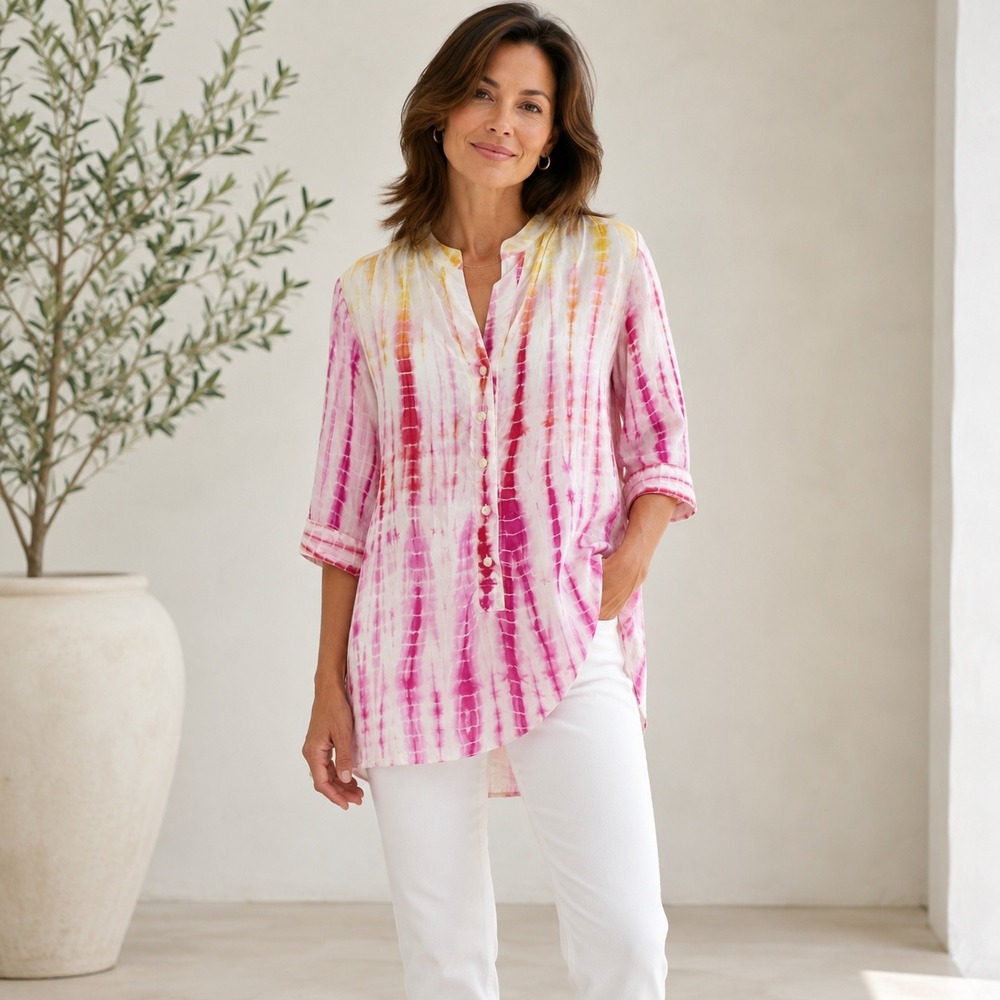 Tucker Womens Silk Tie Dye Tunic Top Pink Yellow Shibori Button Blouse Small